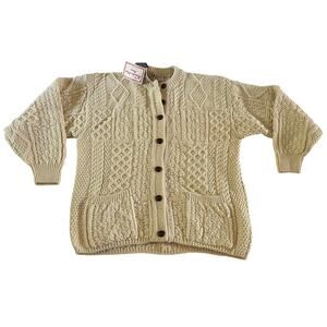 NWT Irish 100% Wool Thick Cable Knit Cardigan Sweater Women's 44 Fisherman